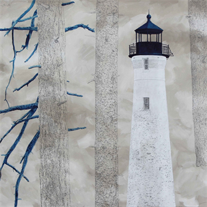 Leuchtturm und Bäume, 2020, Acryl, Öl und Bleistift auf Leinwand, 60 x 75 cm